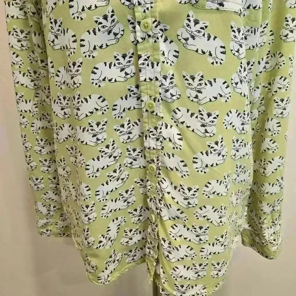 Beach Lunch Lounge Long Sleeve Button-up Cat print Shirt Blouse Women's SP - Picture 3 of 9